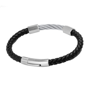 J4 gents stainless steel cable and leather bracelet