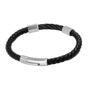 J4 gents black stainless steel cable and leather bracelet