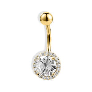 Stainless steel gold plated cubic zirconia round belly ring