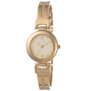 Hallmark ladies gold watch with round gold dial and beaded inner strap.