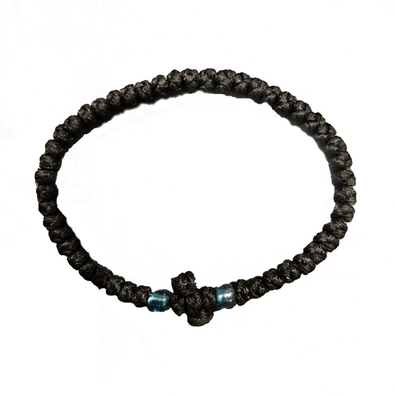 Waxed prayer rope bracelet 3.5mm (komboskini) black glass blue bead
