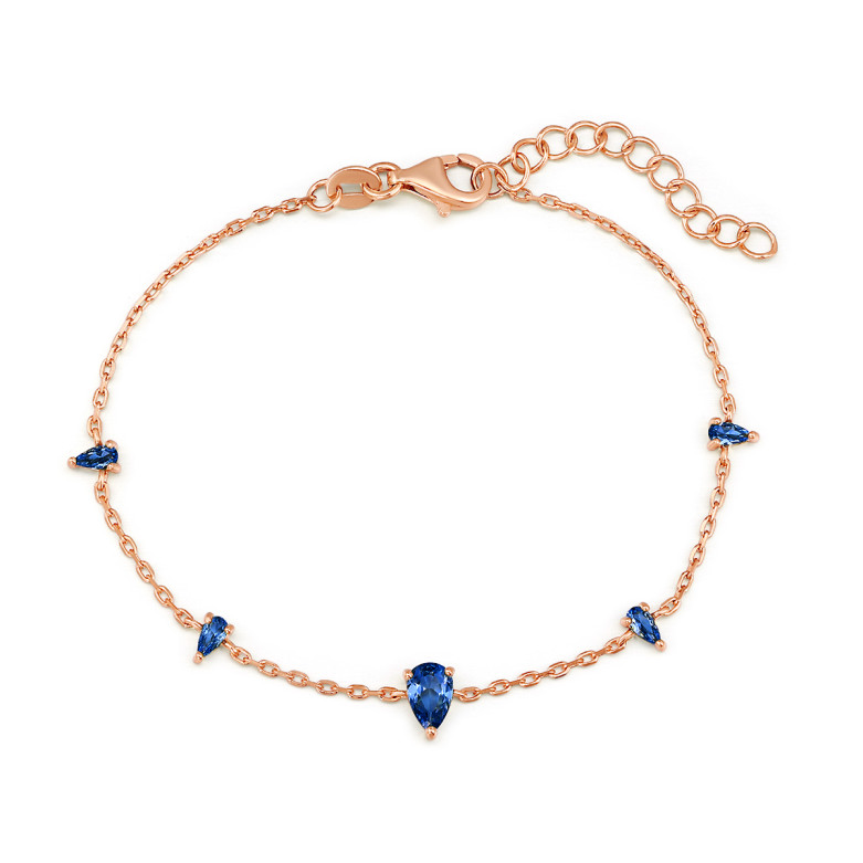 Sterling Silver 925 rose gold bracelet with dark blue tear shaped cz