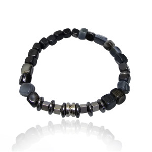 J4 8mm Square Agate Stainless Steel and Hematite beads stretch bracelet
