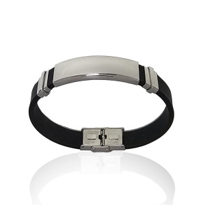 Stainless steel ID bracelet on a rubber bracelet.