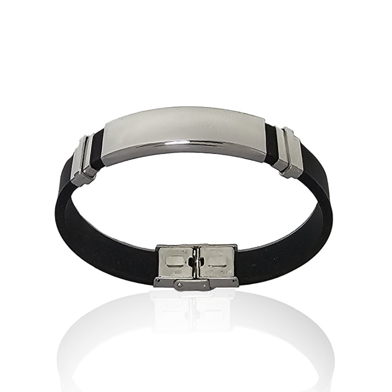 Stainless steel ID bracelet on a rubber bracelet.