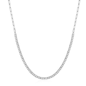 Sterling Silver 925 Rhodium 2mm round cz necklace 38+5cm