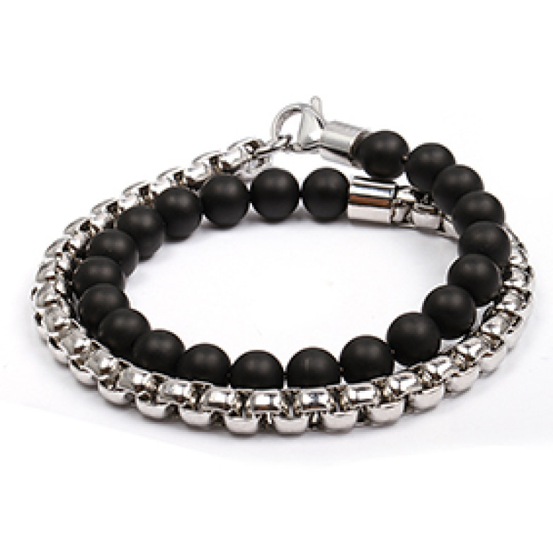 J4 Stainless steel chain + black onyx bracelet with lobster clasp