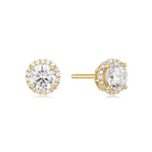 Sterling Silver 925 round gold plated cz stud surround by a halo of small cz stones