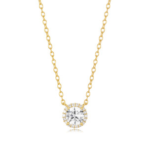 Sterling Silver 925 gold plated round cz stud surround by a halo of small cz stones necklace 38cm plus 5cm extension