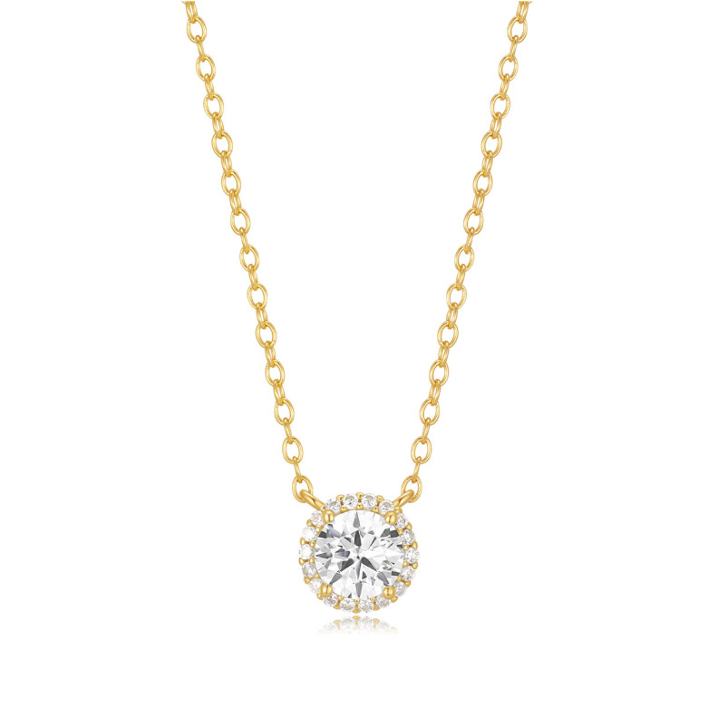 Sterling Silver 925 gold plated round cz stud surround by a halo of small cz stones necklace 38cm plus 5cm extension