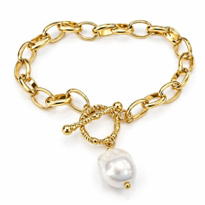 Stainless Steellgold plated waterproof bracelet with single pearl 