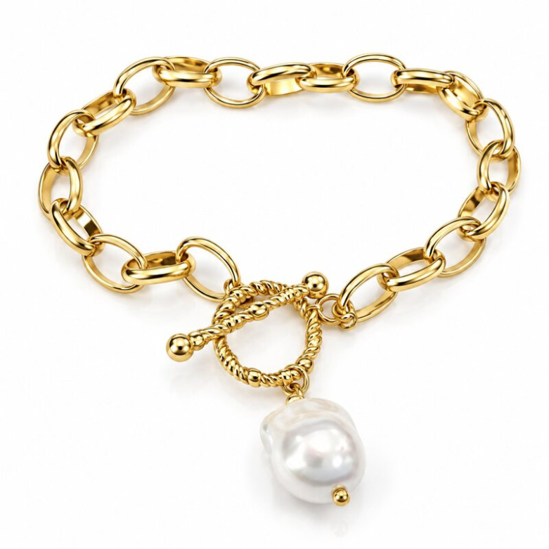 Stainless Steellgold plated waterproof bracelet with single pearl 