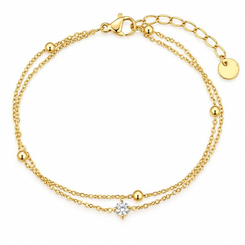 Stainless Steel gold plated waterproof double chain bracelet with single cz stone