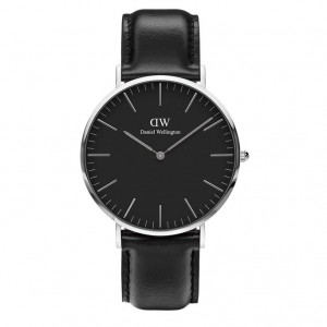 Daniel wellington sheffield stainless steel case 40mm, black dial with a black leather strap