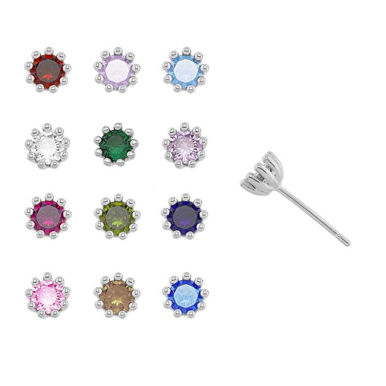 Sterling silver 925° Rhodium Birth stone coloured, 5mm cz multi claw stud earring