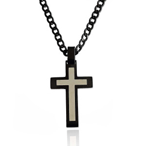Stainless steel 35mm cross with a black border black curb chain included
