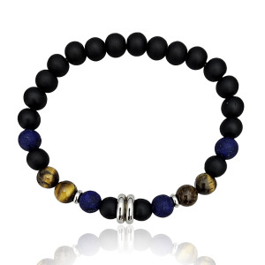 J4 8mm tiger eye synthetic black onyx, synthetic matt blue lapis, stainless steel bead bracelet