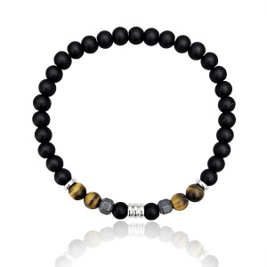 J4 6mm tiger eye synthetic black onyx stainless steel bead stretch bracelet