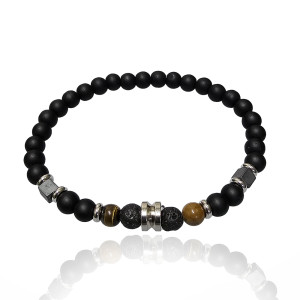 J4 6mm Tiger Eye, Volcanic, Hematite, synthetic onyx & Stainless Steel stretch bracelet