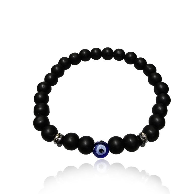 J4 8mm Synthetic Matt Onyx, Stainless Steel, Glass Evil Eye stretch bead bracelet 